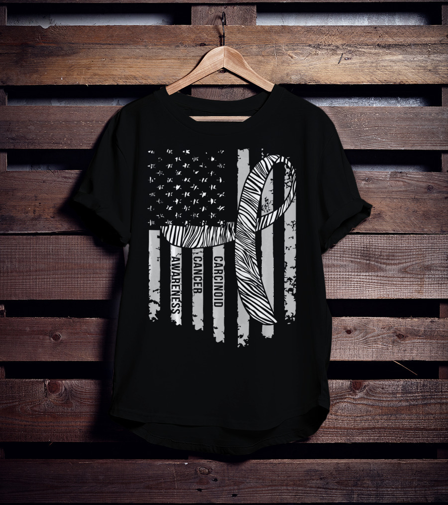 Zebra Ribbon Carcinoid Cancer Awareness American Flag Support T-Shirt