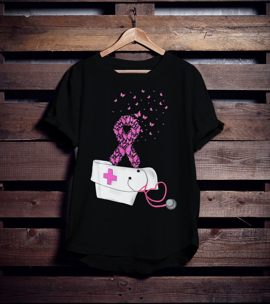 Breast Cancer Awareness Pink Butterfly Ribbon Nurse Doctor Stethoscope Hat T-Shirt