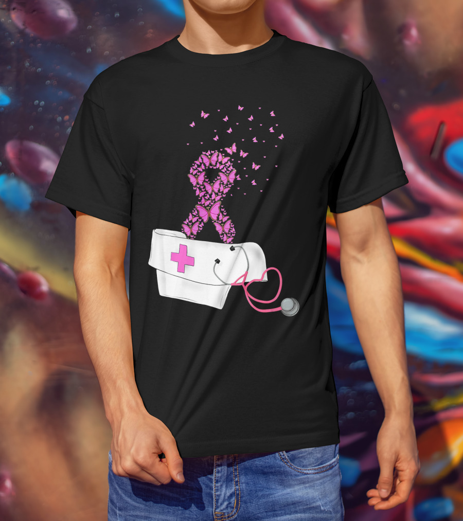 Breast Cancer Awareness Pink Butterfly Ribbon Nurse Doctor Stethoscope Hat T-Shirt