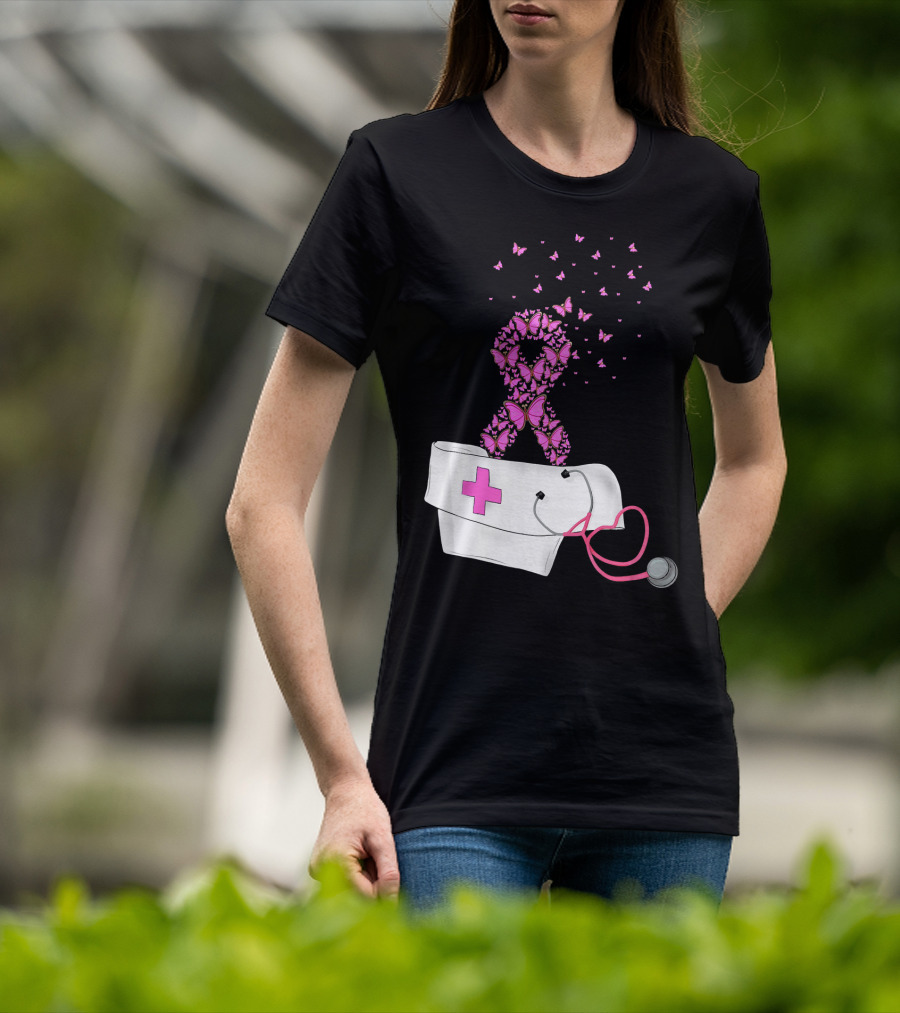 Breast Cancer Awareness Pink Butterfly Ribbon Nurse Doctor Stethoscope Hat T-Shirt