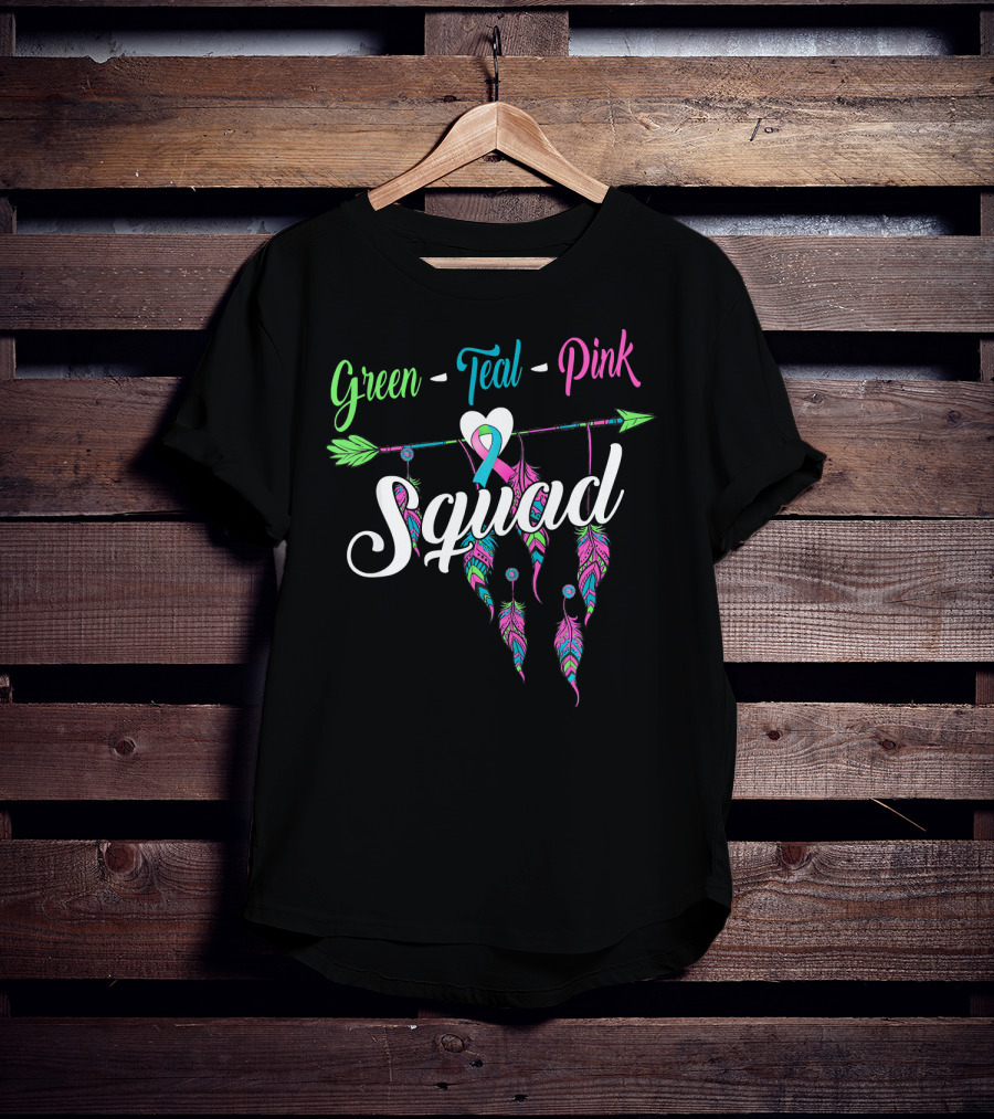 Green Teal Pink Ribbon Arrow Heart Feather Squad T-Shirt