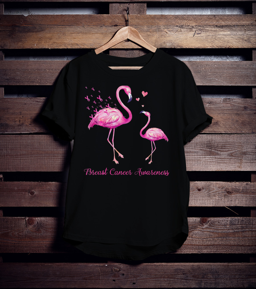 Breast Cancer Awareness Family Flamingo Mom Baby Hearts T-Shirt