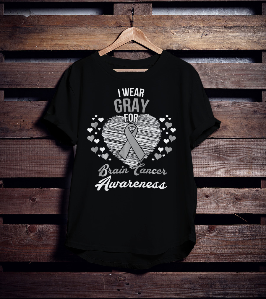 I Wear Gray For Brain Cancer Awareness Ribbon Heart And Hearts T-Shirt