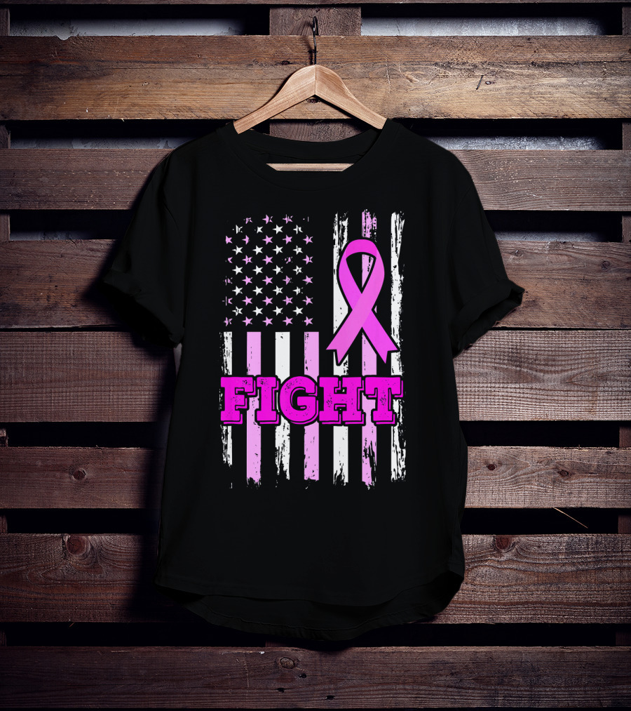 Fight Pink Ribbon American Flag Breast Cancer Awareness T-Shirt