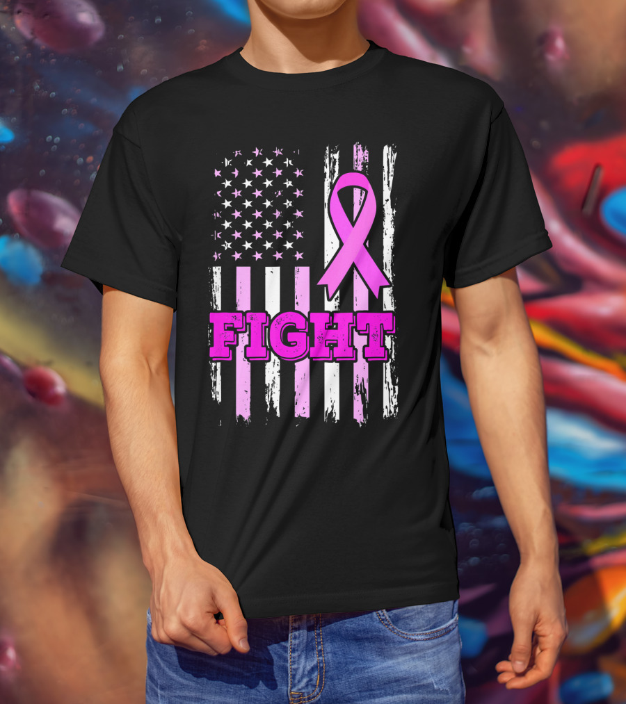 Fight Pink Ribbon American Flag Breast Cancer Awareness T-Shirt