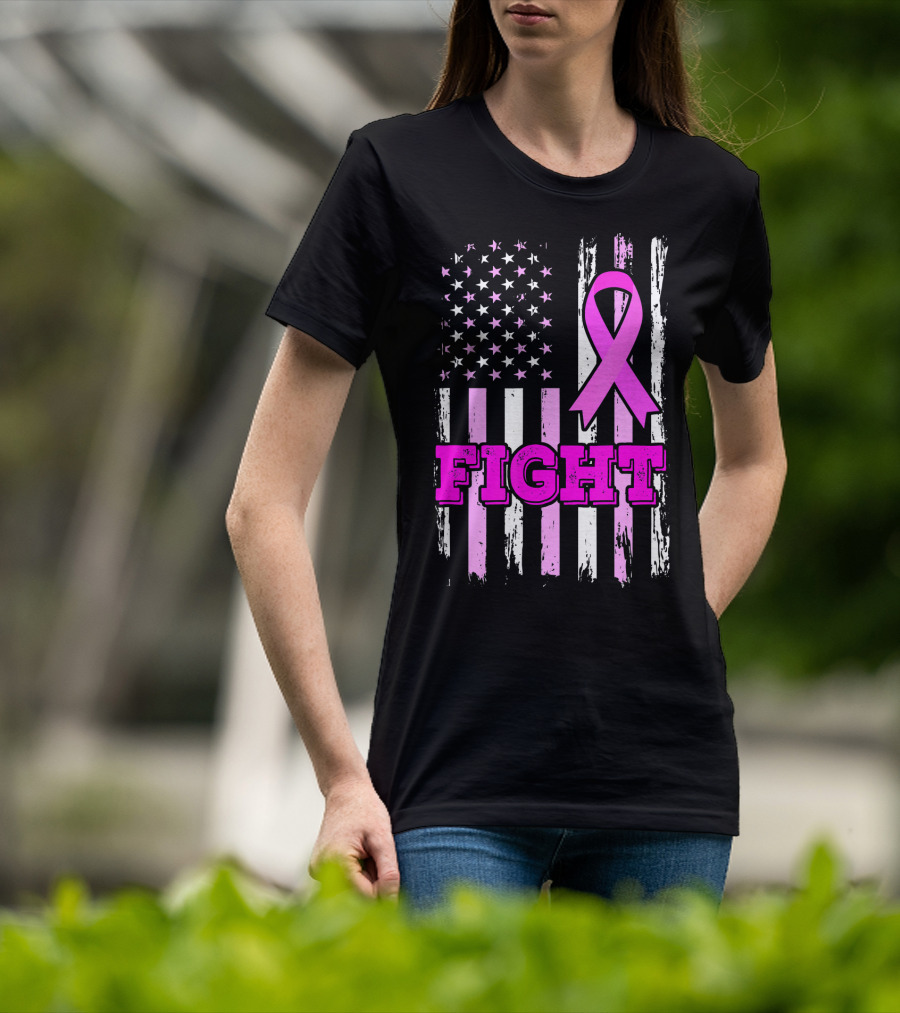 Fight Pink Ribbon American Flag Breast Cancer Awareness T-Shirt