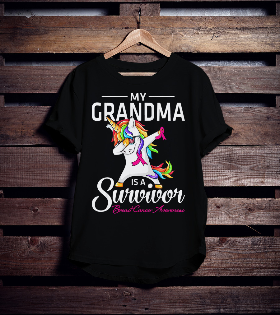 My Grandma Is A Survivor Breast Cancer Awareness Unicorn Dab T-Shirt
