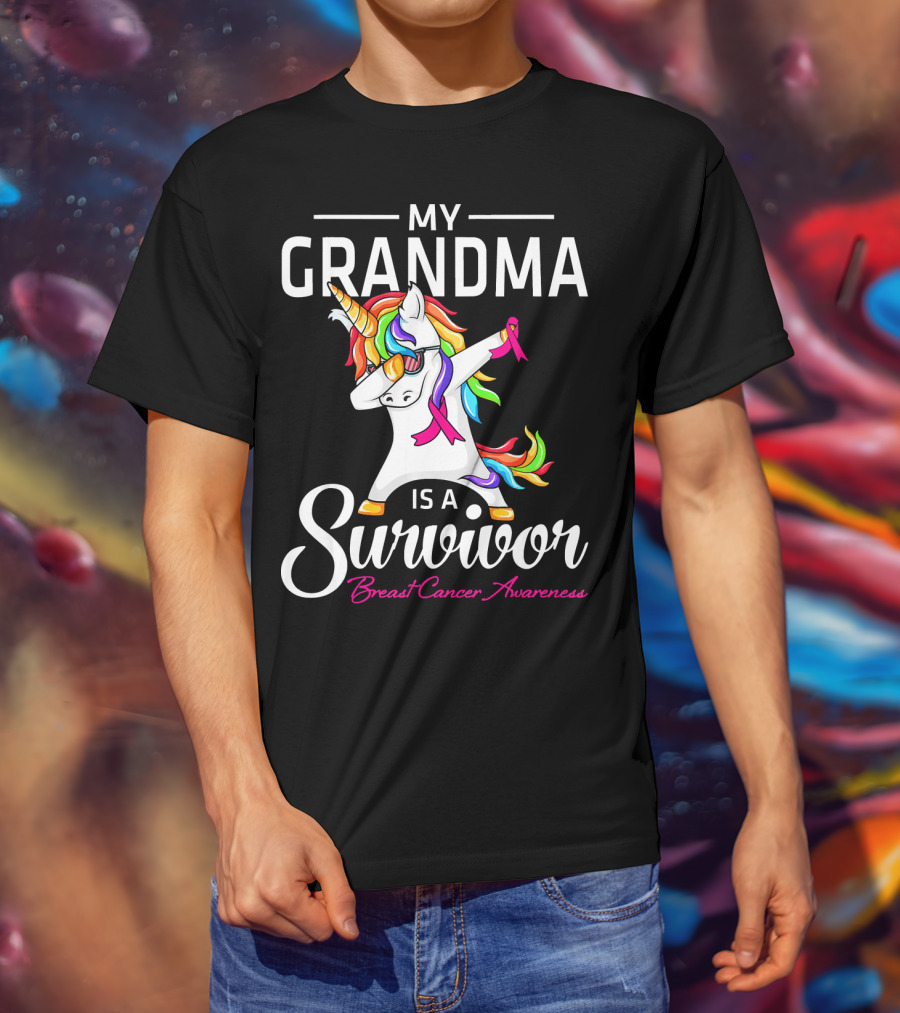 My Grandma Is A Survivor Breast Cancer Awareness Unicorn Dab T-Shirt