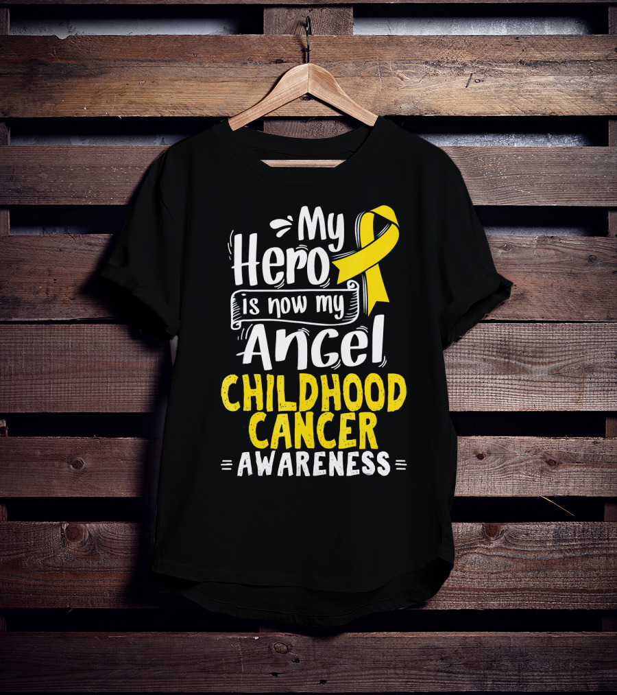 Gold Awareness Ribbon My Hero Is Now My Angel Childhood Cancer Awareness T-Shirt