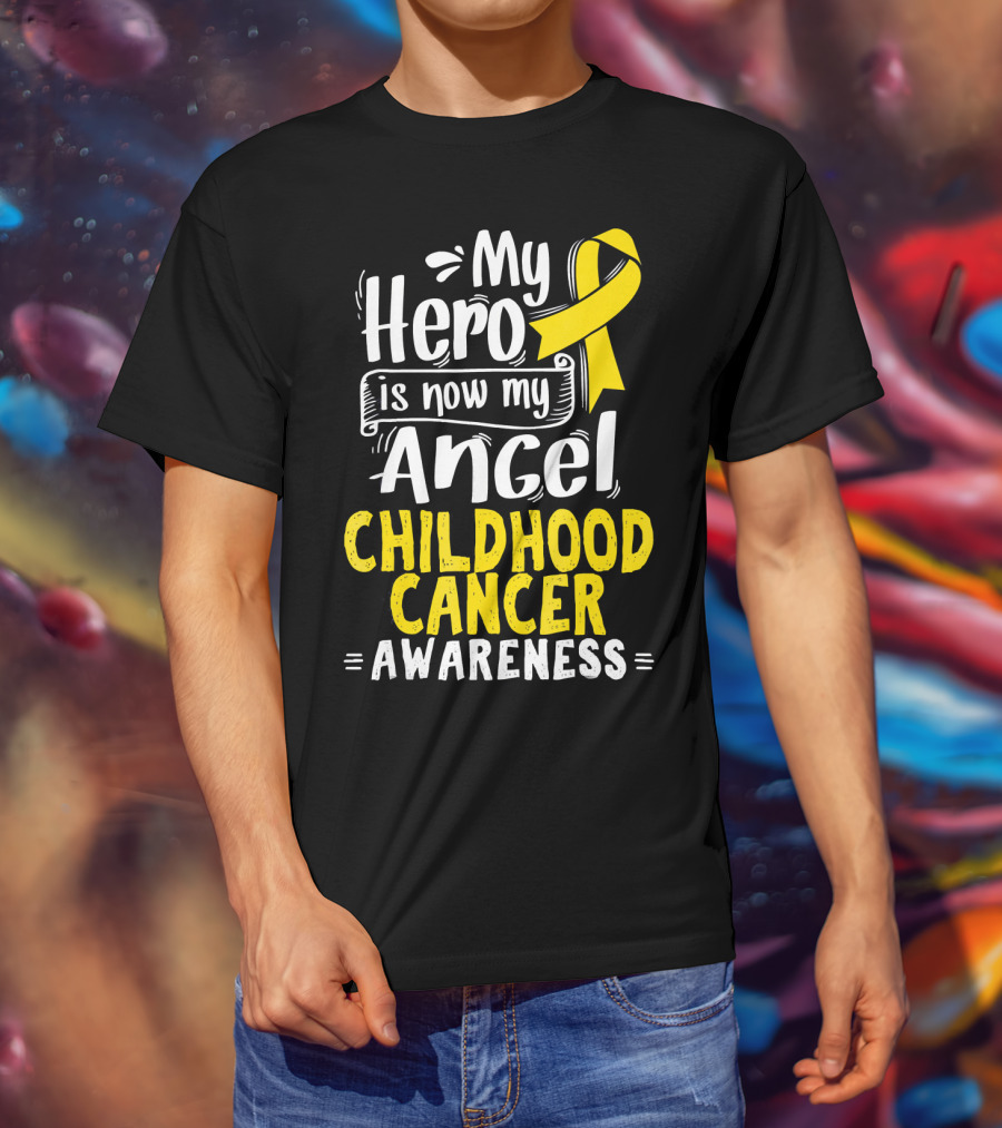 Gold Awareness Ribbon My Hero Is Now My Angel Childhood Cancer Awareness T-Shirt