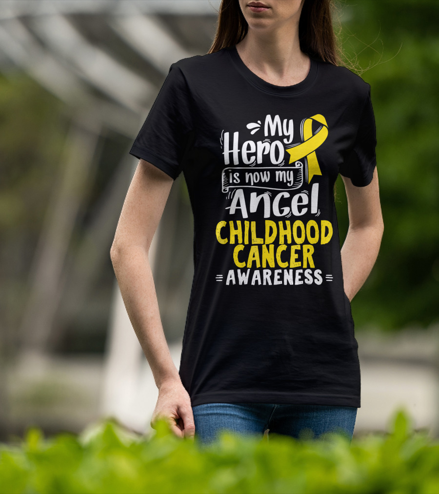 Gold Awareness Ribbon My Hero Is Now My Angel Childhood Cancer Awareness T-Shirt