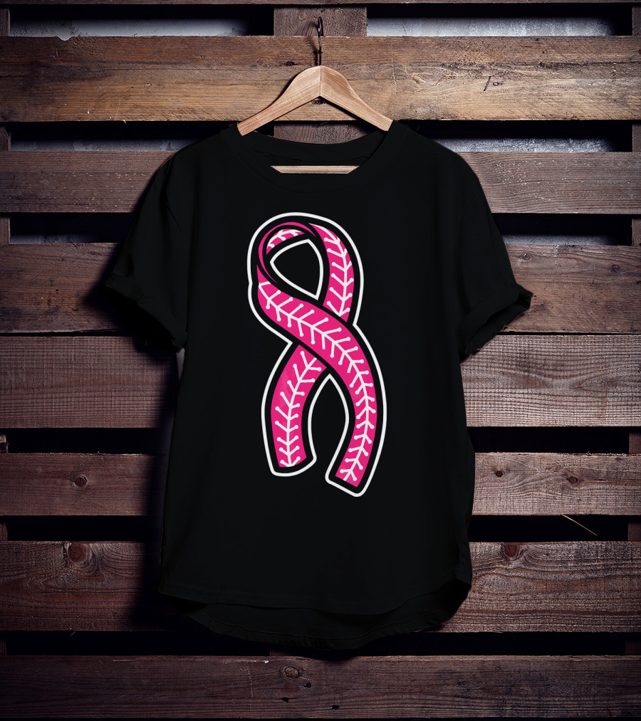 Pink Ribbon Baseball Stitching Breast Cancer Awareness T-Shirt