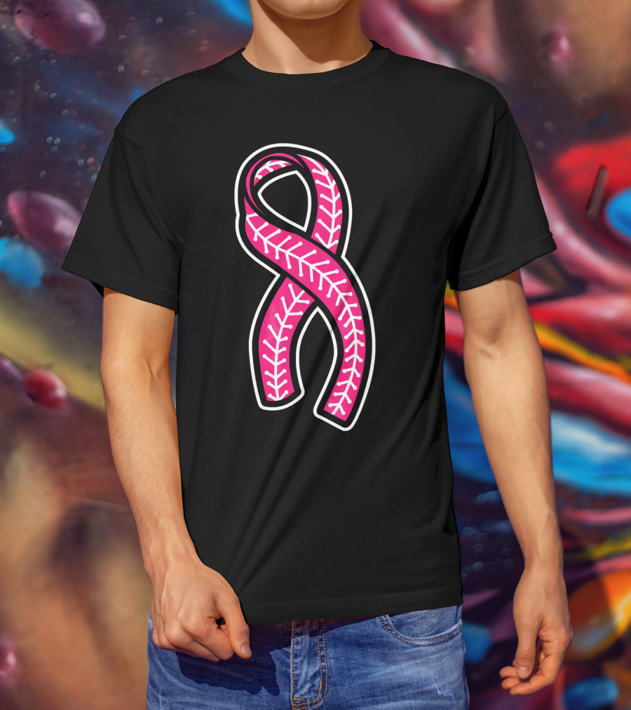 Pink Ribbon Baseball Stitching Breast Cancer Awareness T-Shirt