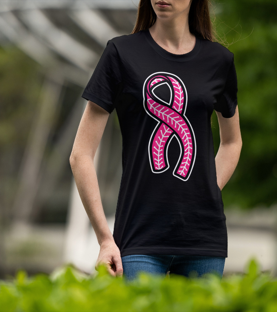 Pink Ribbon Baseball Stitching Breast Cancer Awareness T-Shirt
