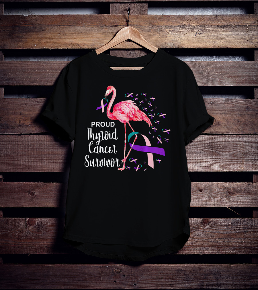 Proud Thyroid Cancer Survivor Flamingo Pink And Purple Ribbons T-Shirt