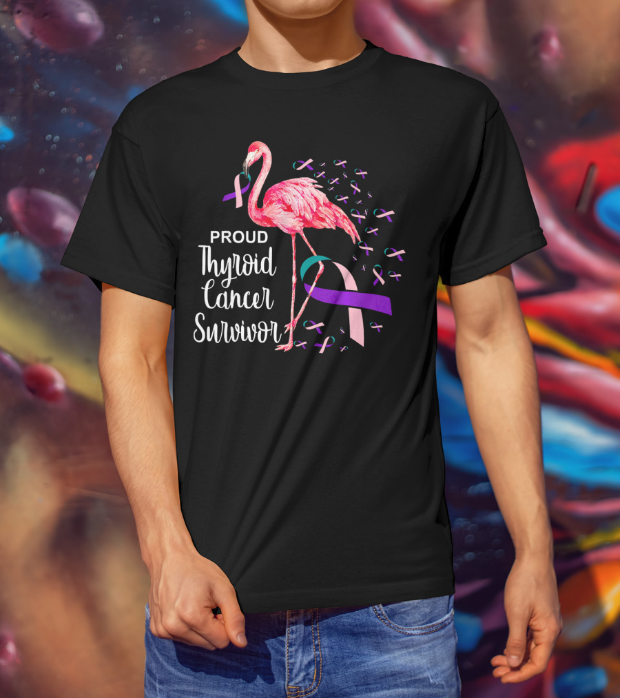 Proud Thyroid Cancer Survivor Flamingo Pink And Purple Ribbons T-Shirt