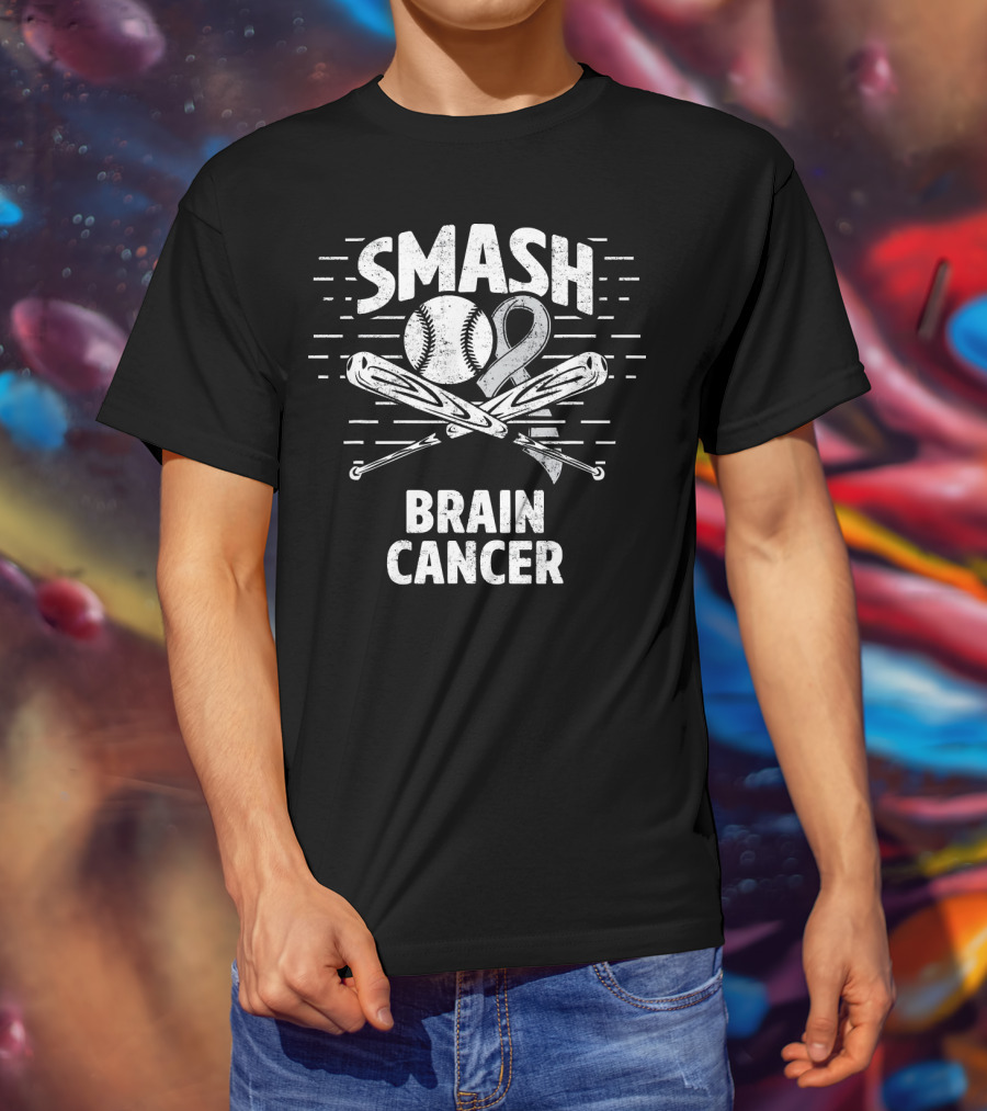 Smash Brain Cancer Baseball Ribbon Therapy Grey T-Shirt