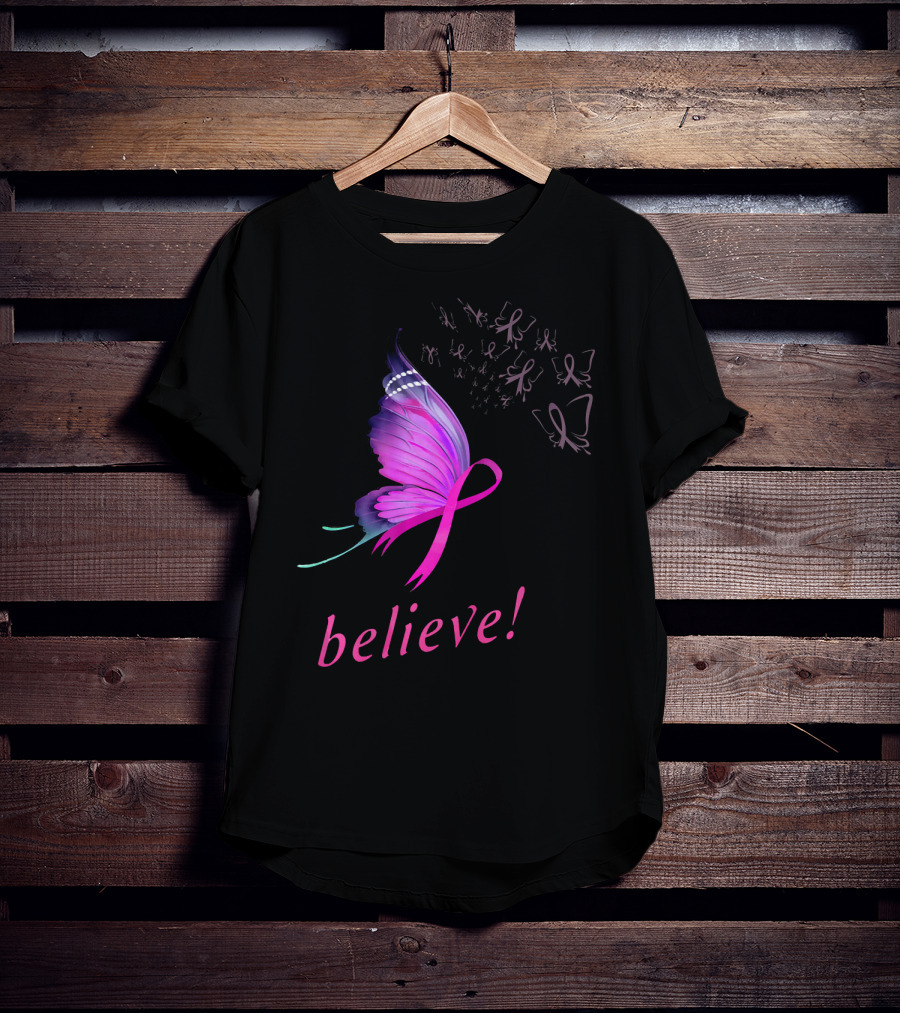 Believe Pink Ribbon Butterfly Breast Cancer Awareness T-Shirt