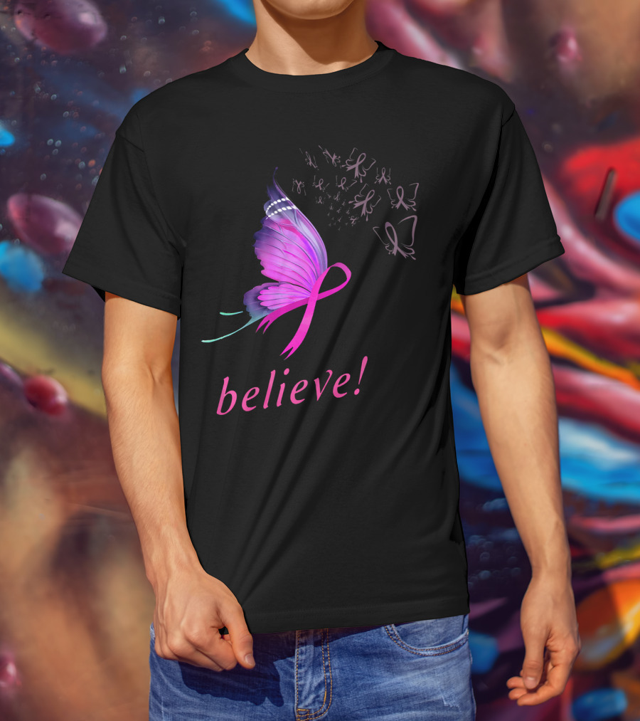 Believe Pink Ribbon Butterfly Breast Cancer Awareness T-Shirt