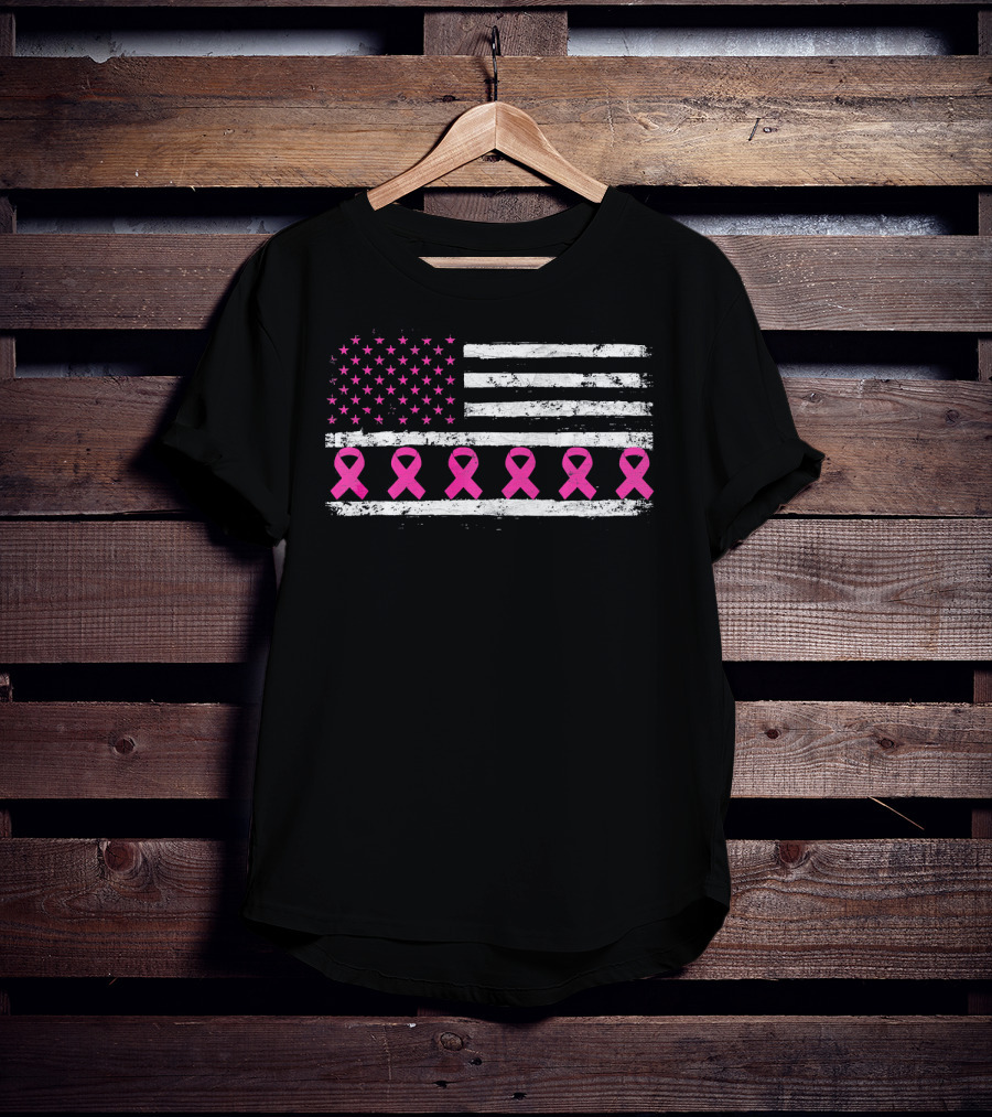 American Flag Distressed Breast Cancer Awareness Pink Ribbons T-Shirt