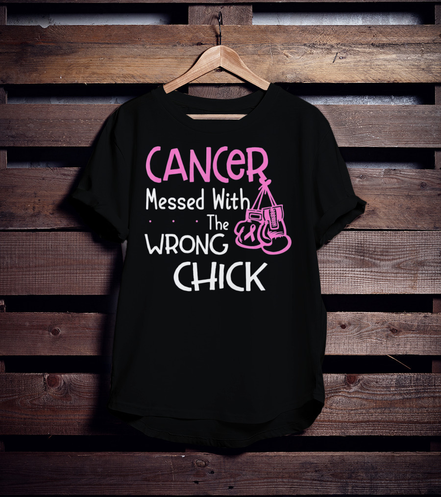 Cancer Messed With The Wrong Chick Boxing Gloves Pink Awareness T-Shirt