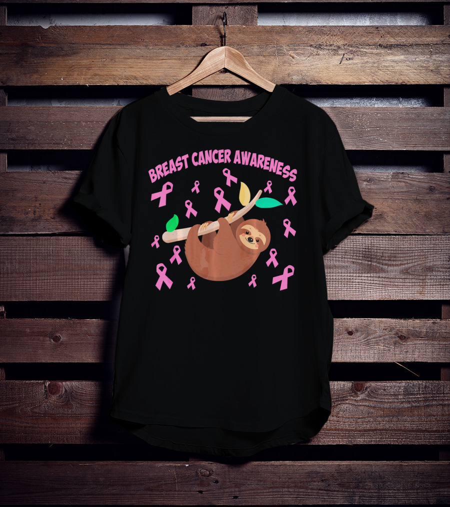 Breast Cancer Awareness Cute Sloth Pink Ribbons T-Shirt