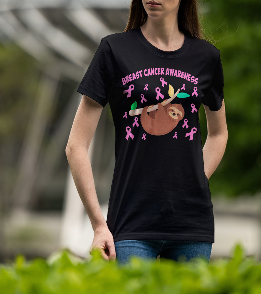Breast Cancer Awareness Cute Sloth Pink Ribbons T-Shirt