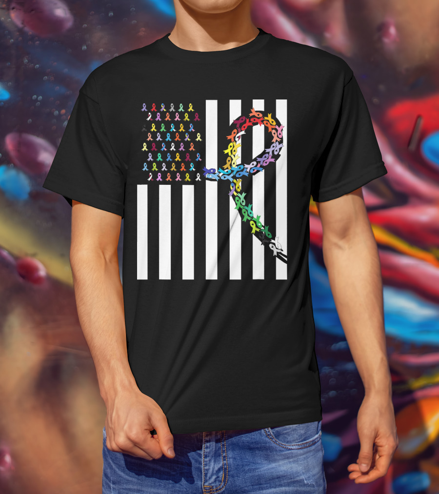 All Cancer Matters Awareness USA Flag Ribbon Stripes T-Shirt