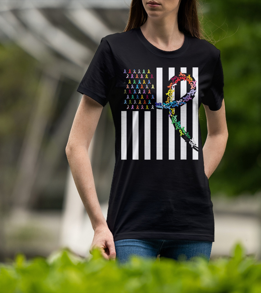 All Cancer Matters Awareness USA Flag Ribbon Stripes T-Shirt