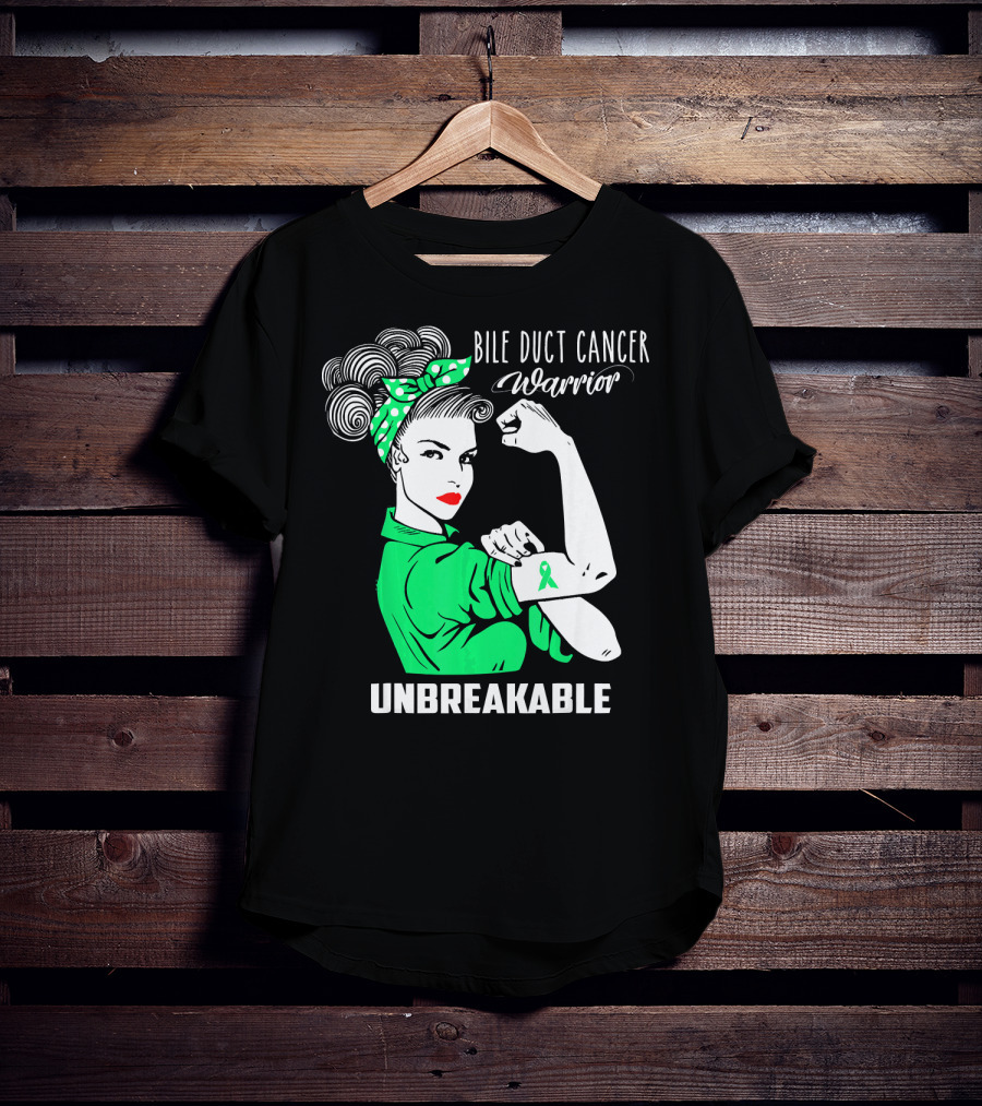 Bile Duct Cancer Warrior Unbreakable Rosie The Riveter Style With Awareness T-Shirt