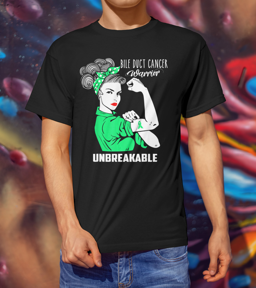 Bile Duct Cancer Warrior Unbreakable Rosie The Riveter Style With Awareness T-Shirt