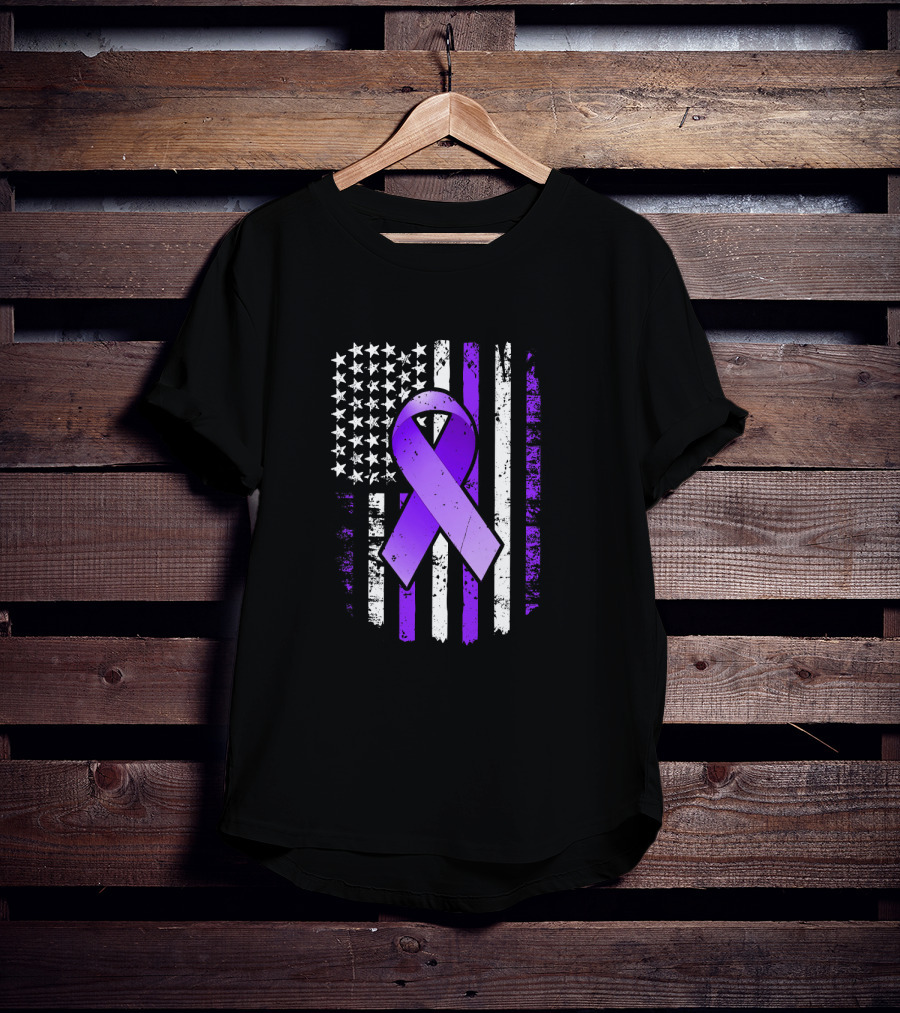 American Flag Purple Ribbon Pancreatic Cancer Awareness T-Shirt