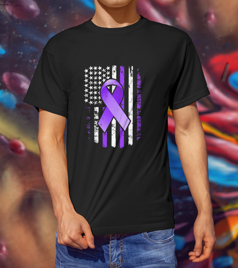 American Flag Purple Ribbon Pancreatic Cancer Awareness T-Shirt