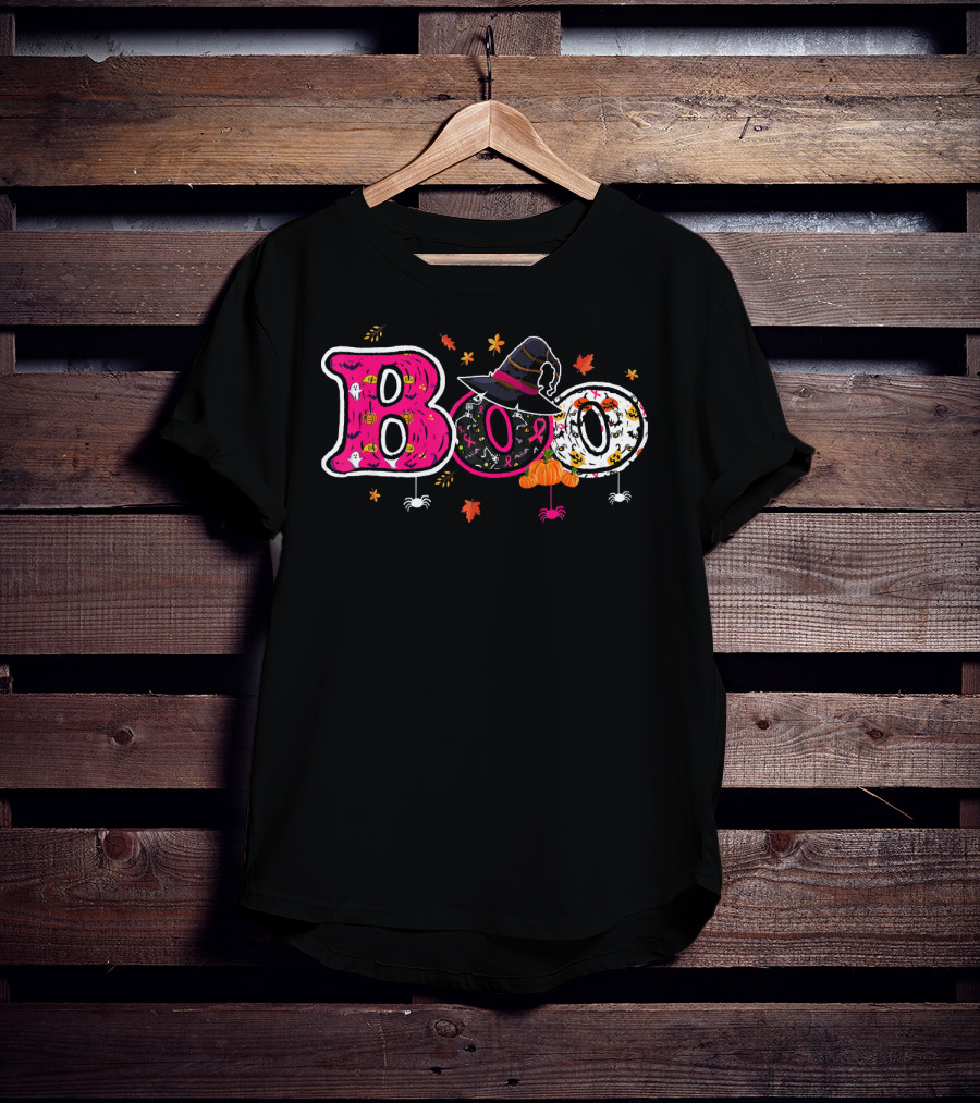 Boo Halloween Breast Cancer Awareness Witch Hat Ribbon Pumpkins Spiders Leaves T-Shirt