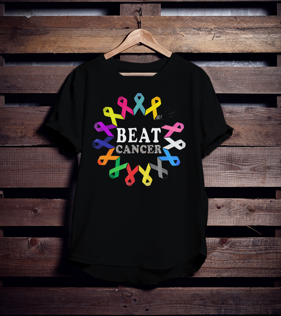 BEAT CANCER Multicolored Awareness Ribbons T-Shirt
