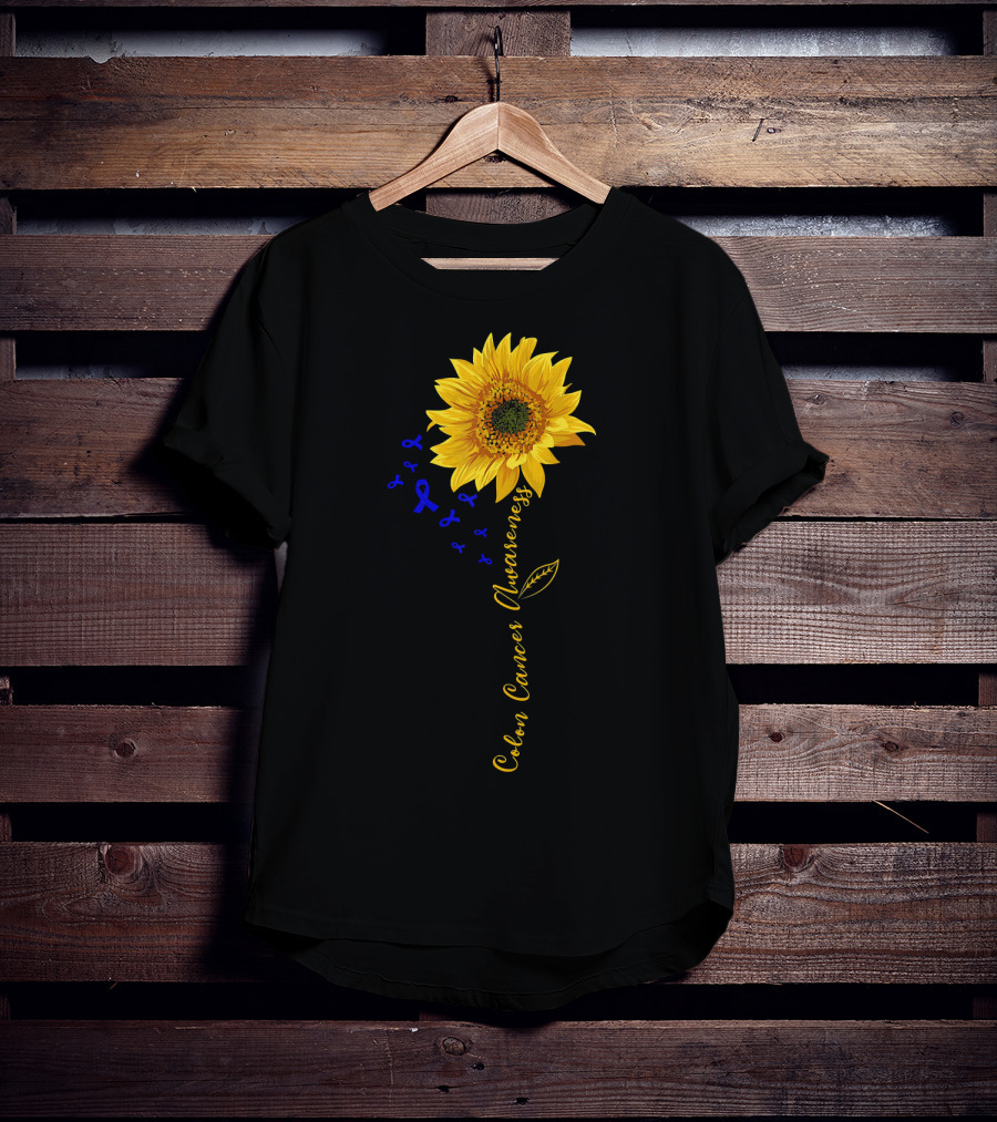 Hippie Sunflower Colon Cancer Awareness Sunflower With Blue Ribbons T-Shirt
