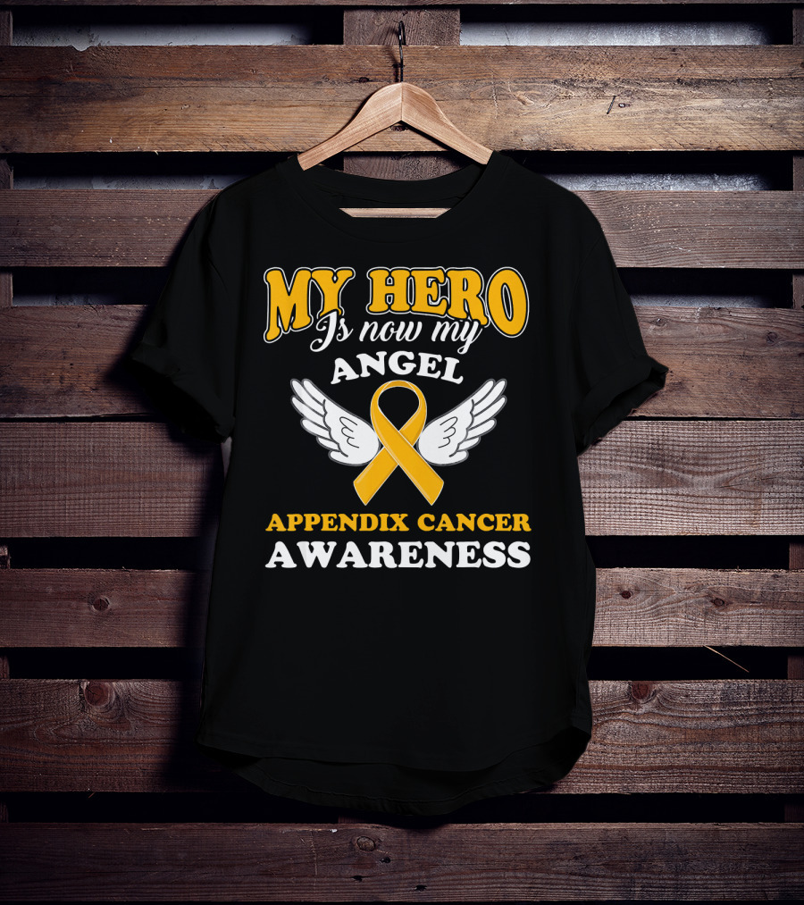 My Hero Is Now My Angel Appendix Cancer Awareness Yellow Ribbon Wings T-Shirt