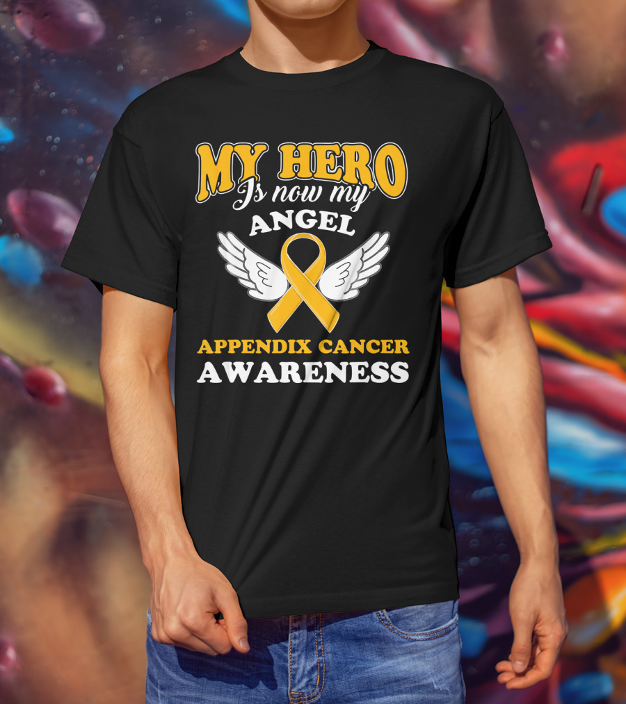 My Hero Is Now My Angel Appendix Cancer Awareness Yellow Ribbon Wings T-Shirt