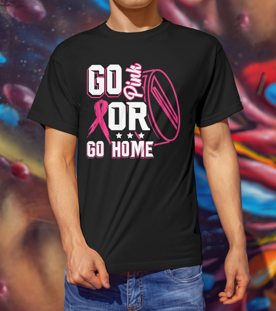 Go Pink Or Go Home Breast Cancer Hockey Awareness With Ribbon And Puck T-Shirt