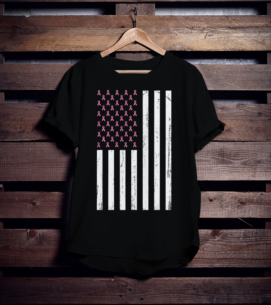 American Flag Pink Ribbons Breast Cancer Awareness T-Shirt