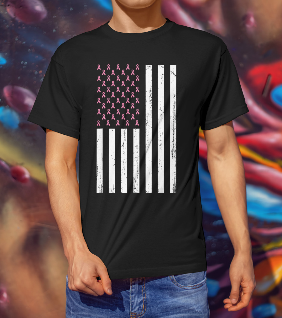 American Flag Pink Ribbons Breast Cancer Awareness T-Shirt