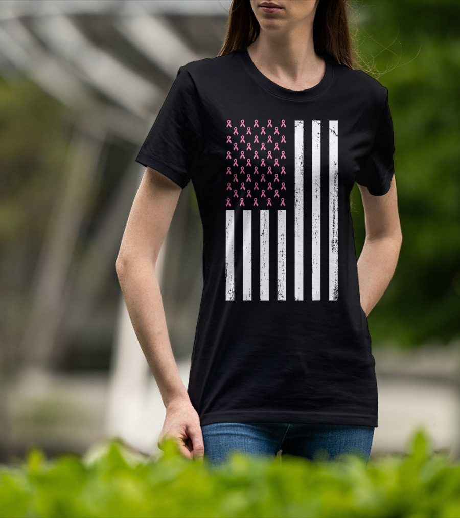American Flag Pink Ribbons Breast Cancer Awareness T-Shirt