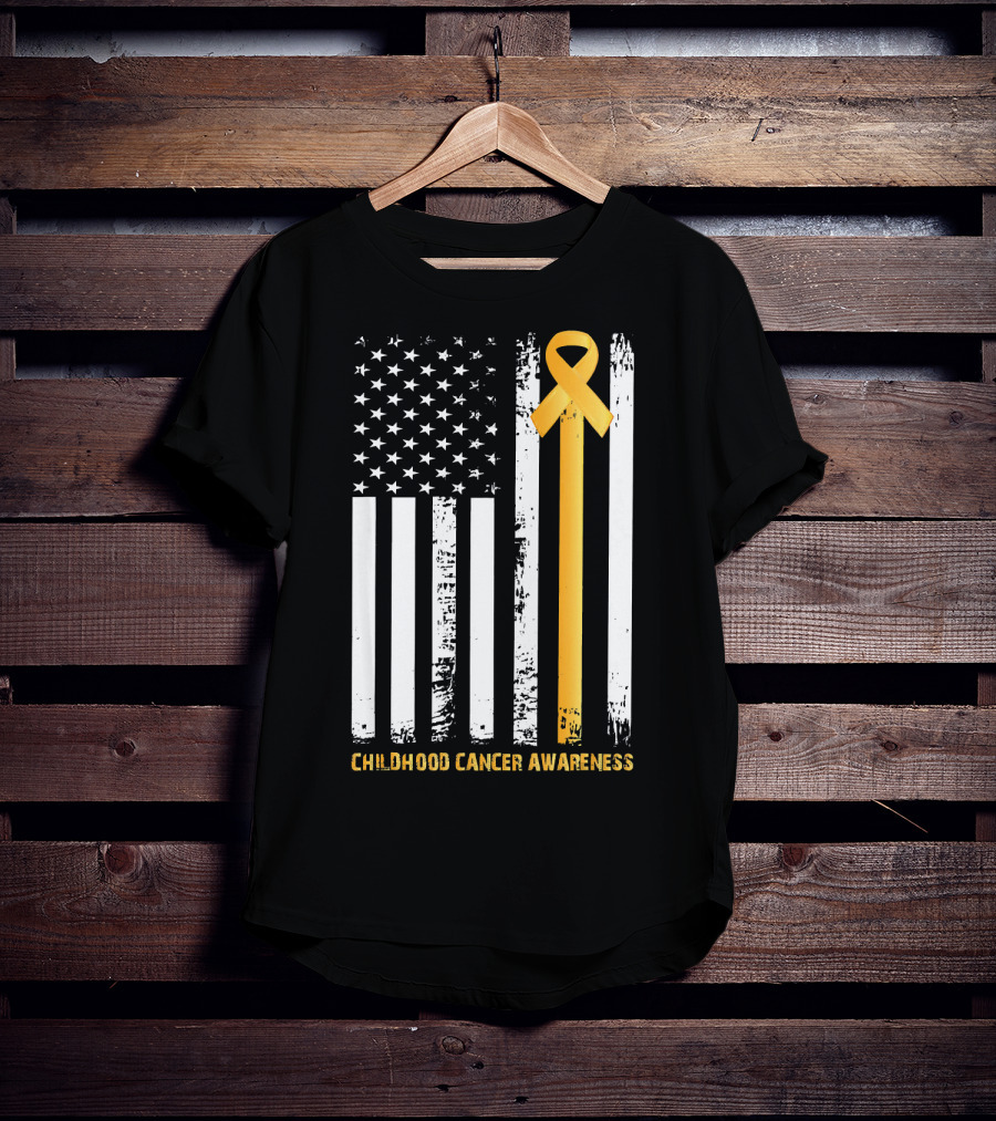 Childhood Cancer Awareness Gold Ribbon American Flag T-Shirt