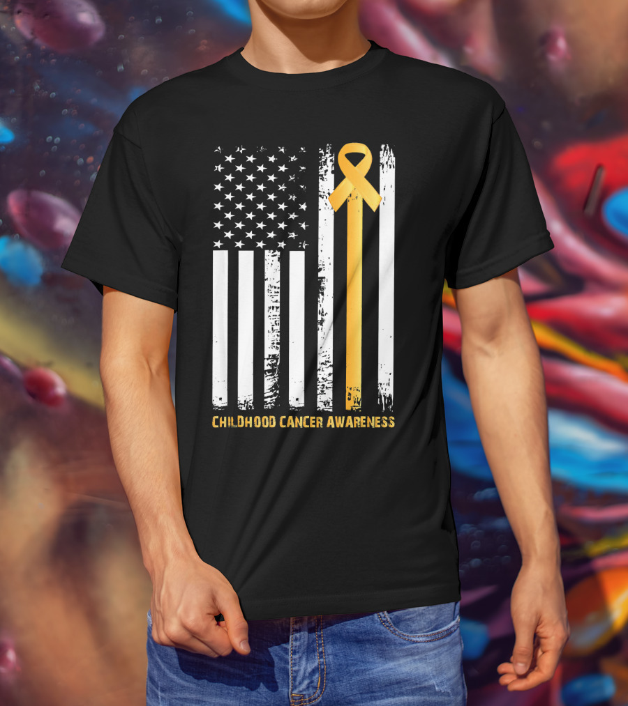 Childhood Cancer Awareness Gold Ribbon American Flag T-Shirt