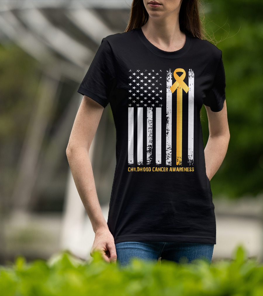 Childhood Cancer Awareness Gold Ribbon American Flag T-Shirt
