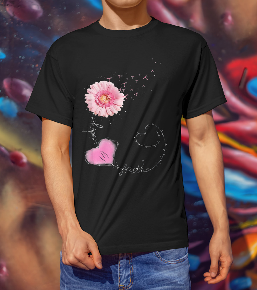 Hope Faith Pink Flower Hearts Breast Cancer Awareness T-Shirt