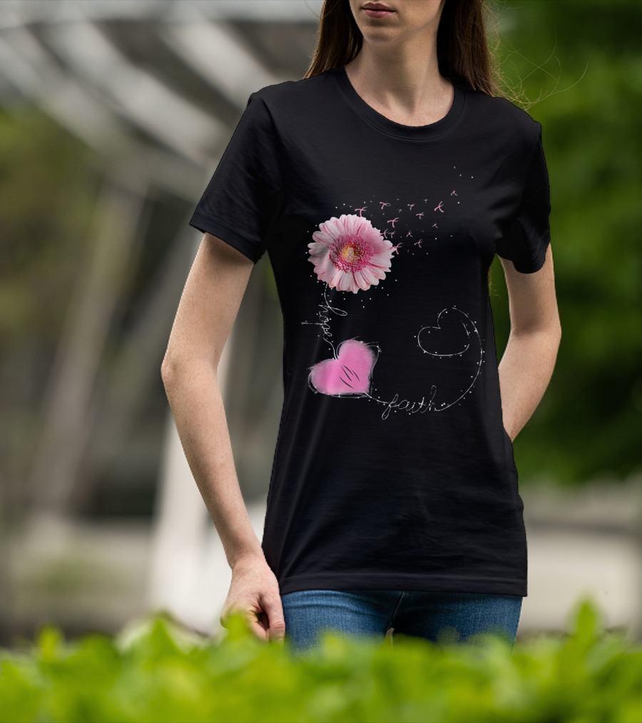 Hope Faith Pink Flower Hearts Breast Cancer Awareness T-Shirt