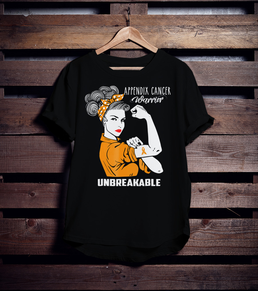 Appendix Cancer Warrior Unbreakable Awareness Ribbon Rosie The Riveter T-Shirt
