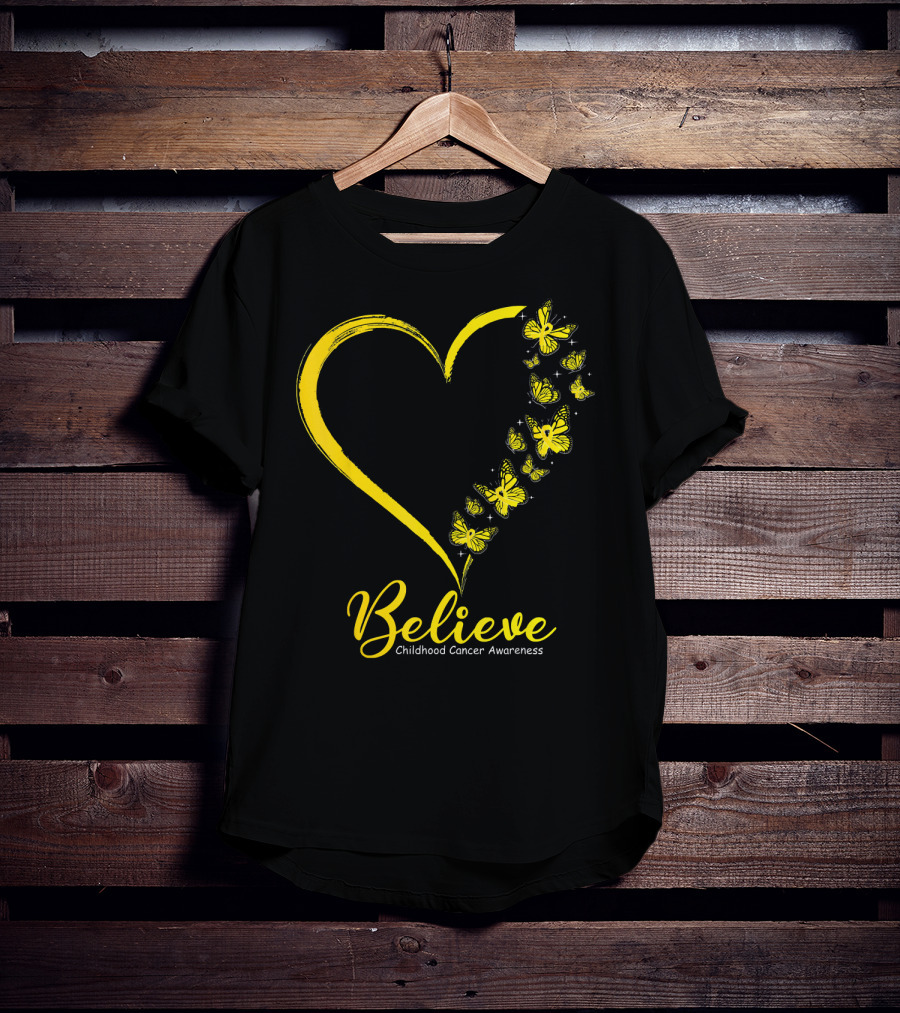 Believe Butterfly Heart Childhood Cancer Awareness T-Shirt