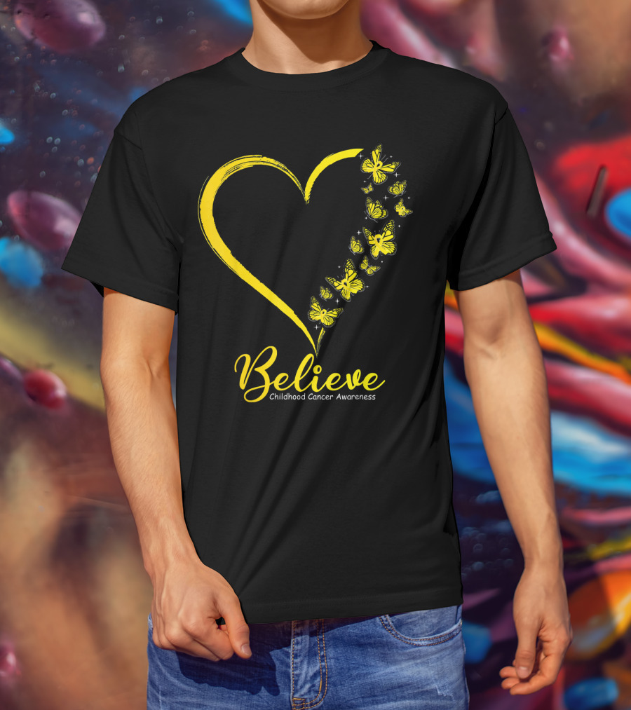Believe Butterfly Heart Childhood Cancer Awareness T-Shirt